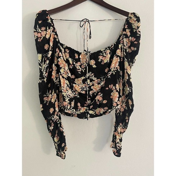Free People M Blouse Black Floral Long Ruched Sleeve Hilary Printed ob1569574 - Picture 4 of 9